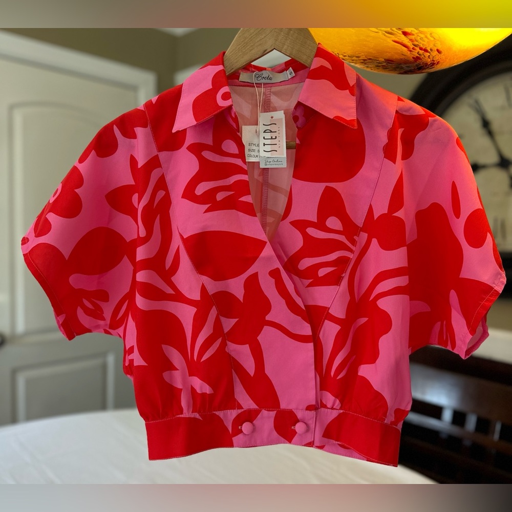 Crop Button-Front Wrap Top in Pink & Red